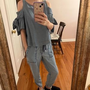 CONSIGNED Sea New York Denim Cold Shoulder Bow Tie Top